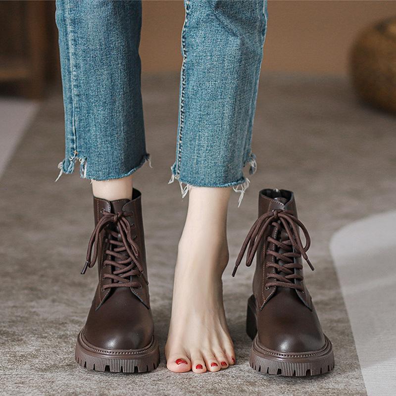 2025 Spring and Autumn Platform Martin Boots Tide Brown Lace-Up Short Boots Women's Retro British Style Single Boots Skinny Boots