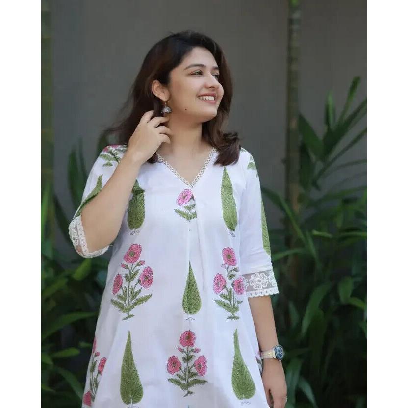Indian Designer Cotton Rayon Kurta Pant Set Women Party Wear Top Tunic Kurti VF-20160a