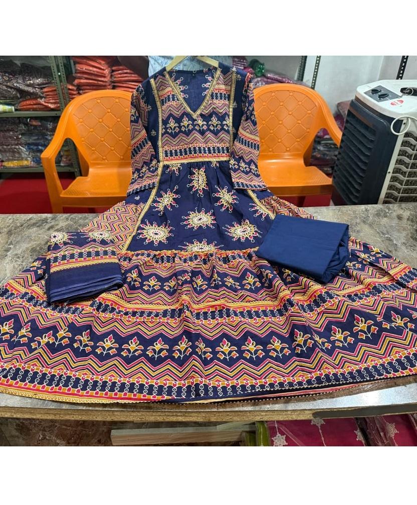 Women Bollywood Printed Cotton Anarkali Kurta Pant Dupatta Set Indian Designer Top Tunic Salwar Suit