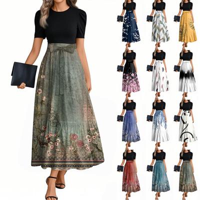 Women's Fashion Casual Belted Short Sleeve Round Neck Printed Elegant Temperament Dresses