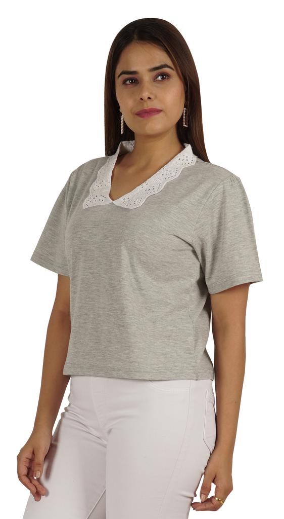 Moomaya Dámský top s krajkovým límečkem Petra Pana, hladký žerzejový krátký ležérní T-shirt