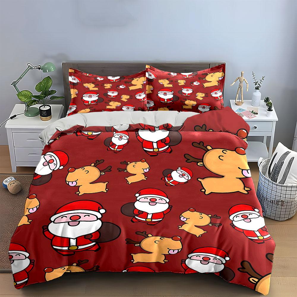 Santa and Reindeer Pattern Bedding Duvet Cover Set Duvet Cover Pillowcases  (1*Duvet Cover 2*Pillowcases, Without Duvet Insert)