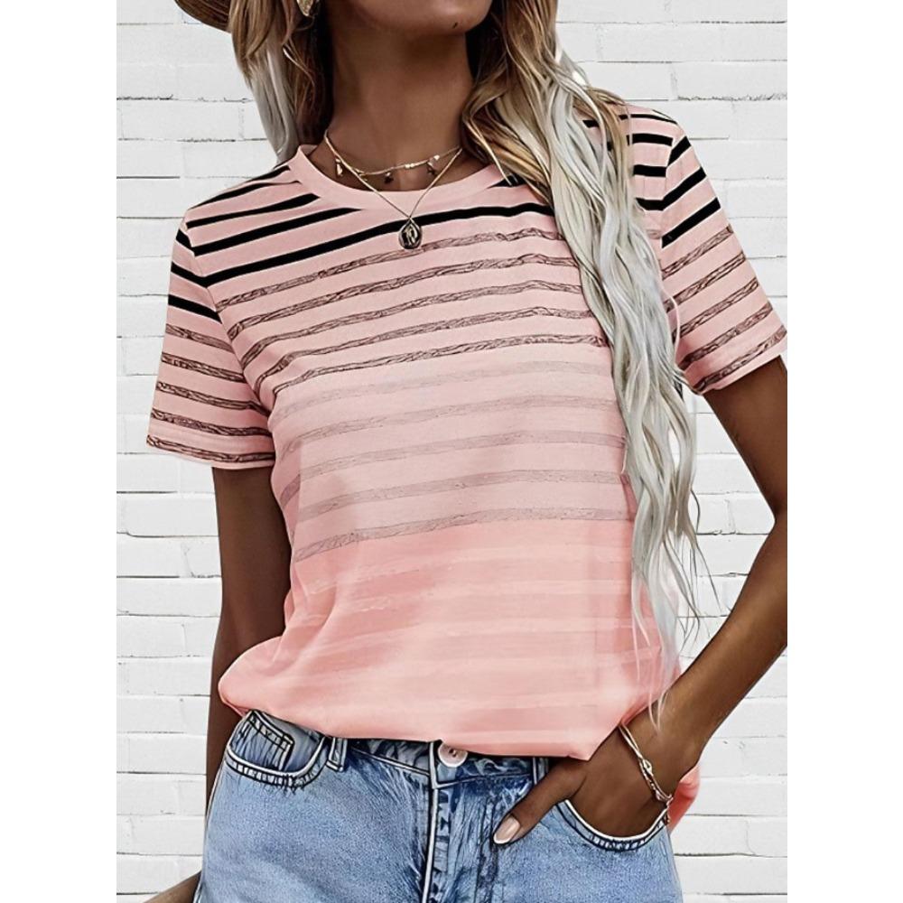 Fashion Women Retro Creative Gradient Stripes Print T Shirt Funny Casual O-neck Short Sleeves T-shirt Summer Female Tee Shirt
