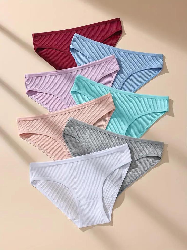 7Pcs Women Cotton Panties Striped Briefs Sexy Women's Underwear Low Waist Breathable Underpants Plus Size Solid Female Lingerie