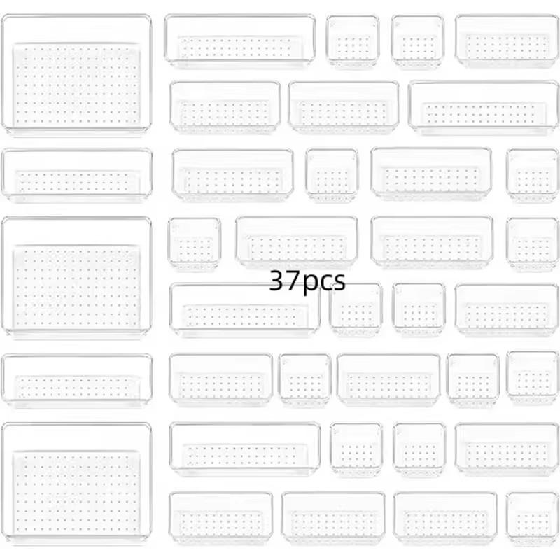 

Набор прозрачных пластиковых ящиков-органайзеров, 4 размера, универсальные лотки для ванной и туалетного столика 37pcs