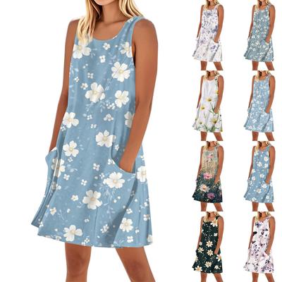 Women's Casual And Fashionable Round-neck Sleeveless Printing Mid Length Dress