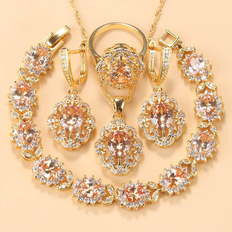 Morrocan Jewelry Sets  Gold Plated 12-Colors Zirconia Earring Necklace And Bracelet Ring For Women Fashion Accessories