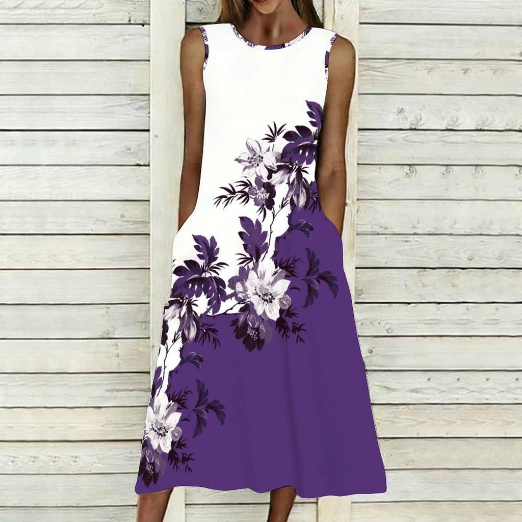Women Plus Size Sleeveless Round Neck Dress Retro Floral Pattern Loose Flowy Midi Gown