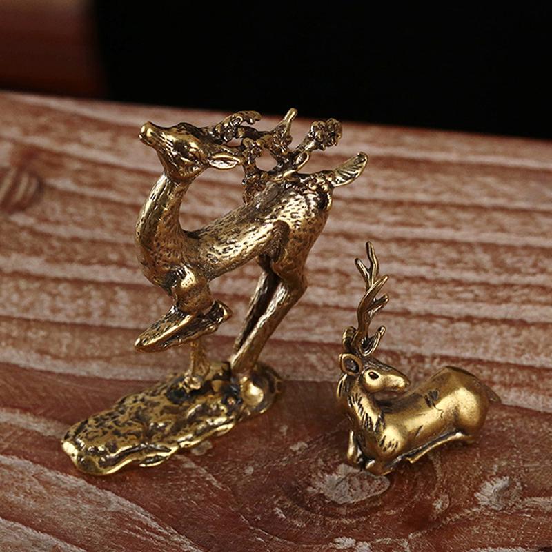 1Pc Retro Brass Elk Miniature Figurine Mini Deer Statue Home Desktop Ornament Decors Festival Decoration Accessories