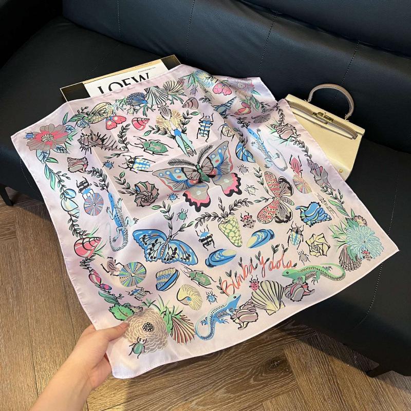 Fashion Black and White Printing Temperament Square Scarf Imitation Silk Korean Version Decorative Scarf Scarf Professional Decorative Shawl Silk Scar