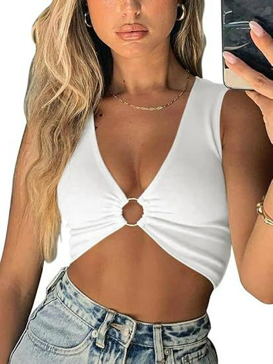 Summer Women's Sleeveless V-Neck Hollowed-Out Cropped Solid Color Vest