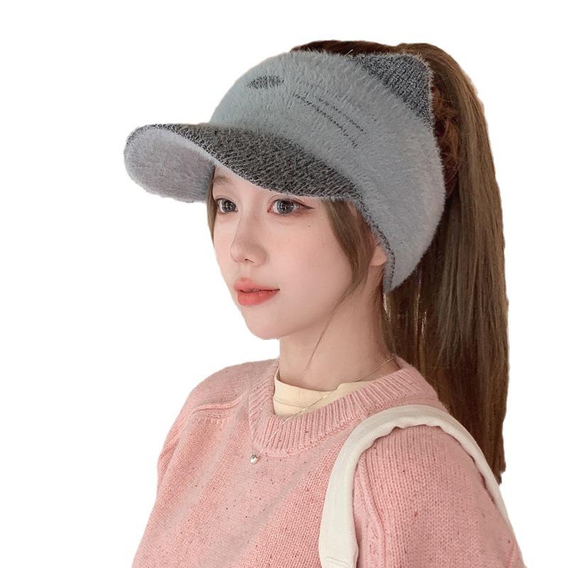 Cute Cat Hat for Women In Autumn and Winter Knitted Wool Hat Korean Style Versatile Warm Imitation Mink Hair Empty Top Baseball Cap