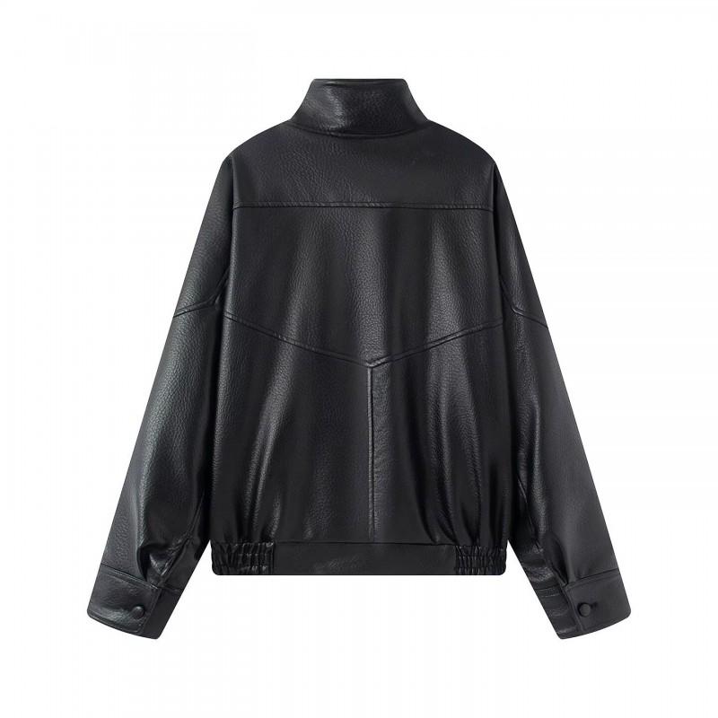 Womens Retro Streetwear PU Leather Jacket Loose Fit Stand Collar Long Sleeve Outerwear
