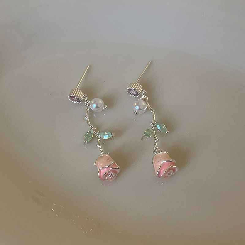 Diamond Drip Oil Flower Pearl Pendant Earrings Fashion Versatile Earrings Sweet Niche Premium Earrings Women