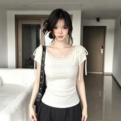 [Grazhi Refined Cotton] Spice Girl Style Strap Short Sleeve T-Shirt Women's Summer Lace Splicing Slim Skinny Top