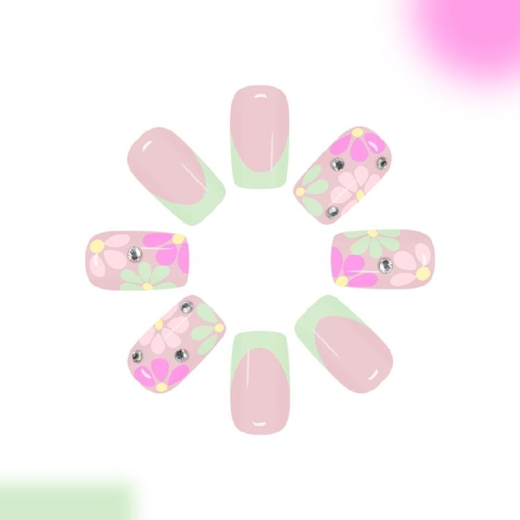 Balení 24 ks francouzských růžových falešných nehtů s květinovým třpytivým designem, Comfort Fit, snadno použitelné, Press stick Nail 1Set