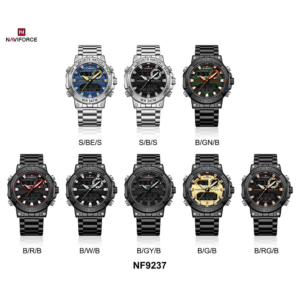 Naviforce Oryginalny Zegarek Męski Wyświetlacz Cyfrowy Kwarcowy Kalendarz Zegarek na Rękę Pasek ze Stali Nierdzewnej Luminous Wodoodporny Modny Zegarek Męski NF9237