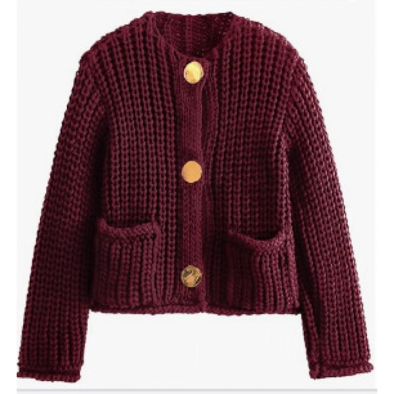 24 Womens Fall Winter Street Fashion Crewneck Knit Cardigan Short Sweater With Metal Buttons