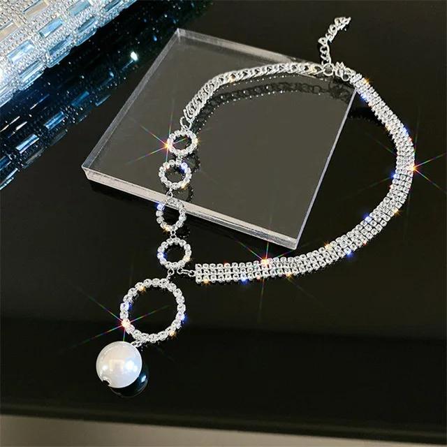 Light Luxury Temperament Full Diamond Large Circular Pearl Necklace Design Sense Splicing Collarbone Chain Women Sexy Jewelry