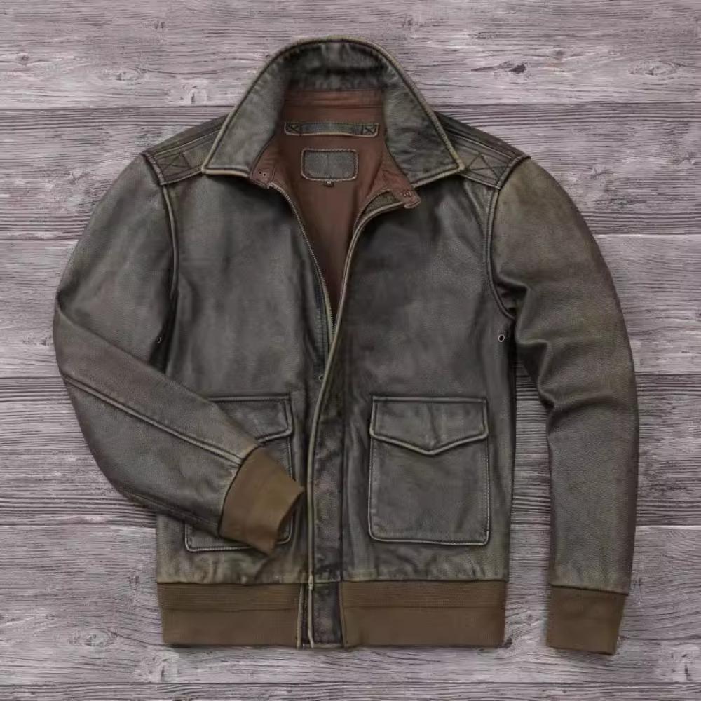 Chinese Size Classic Military A2 Air Force Leather Flight Jackets Vintage Stonewashed Cow Leather Jacket Men Soft Cowhide Mens Coat