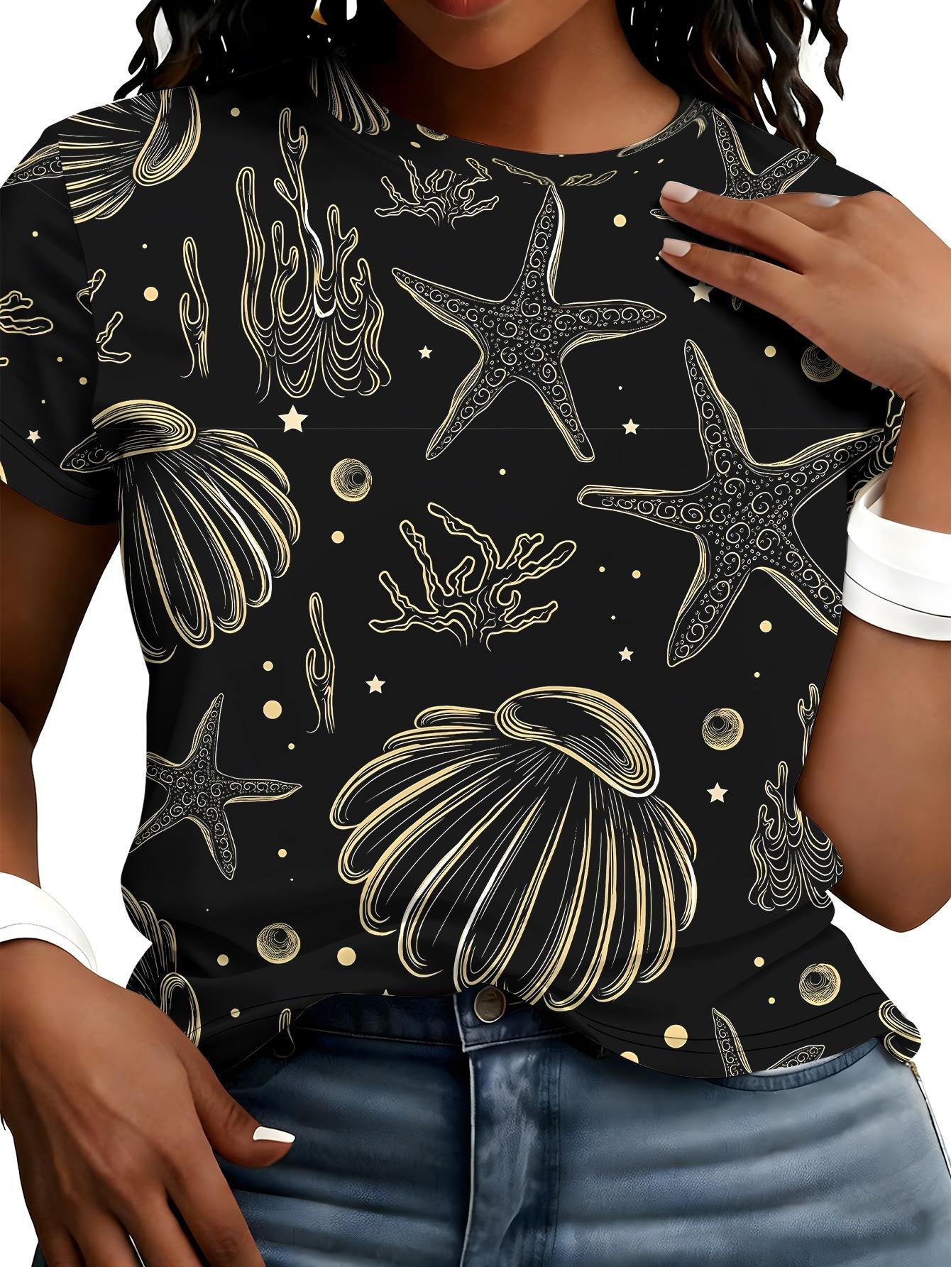 

[Printed Design- No Texture] Gilded Starry Sea T-Shirt Black Base with Golden-Printed Marine Life Pattern Loose-Fit Short-Sleeve Top 3XL дубильна кора