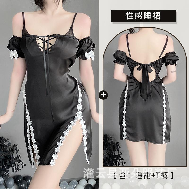 

Сексуальное нижнее белье женское сексуальное со шнуровкой полое без спинки соблазнительное раздельное подтяжка ночная рубашка домашний комплект XL чёрный