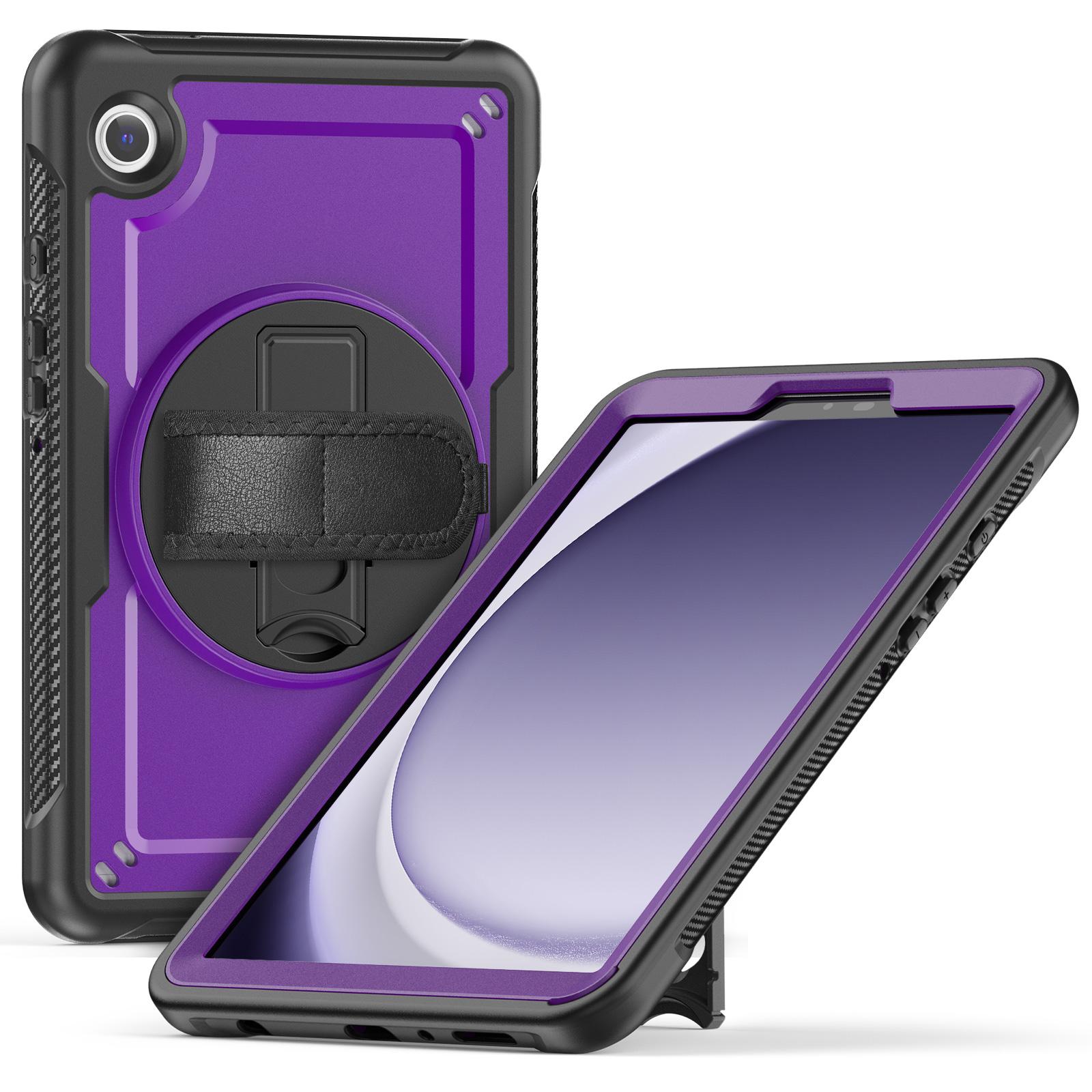 

For Samsung Galaxy Tab A9 (SM-X110/X115/X117) Case Rotating Kickstand PC + TPE Tablet Cover with Hand Strap and Shoulder Strap F