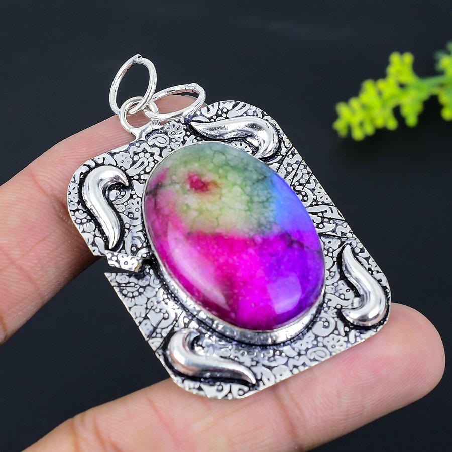 Natürlicher Regenbogen Sonnenquarz Handgefertigter 925 Sterlingsilber Anhänger 2,48" p0F28