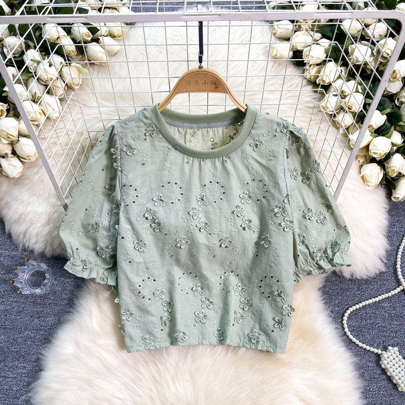 

Sweet Embroidery Flower Shirt Women s Summer New Arrival Easiest for Match Chic Tops Niche Style Fancy Puff Sleeves Short Shirt Green One size