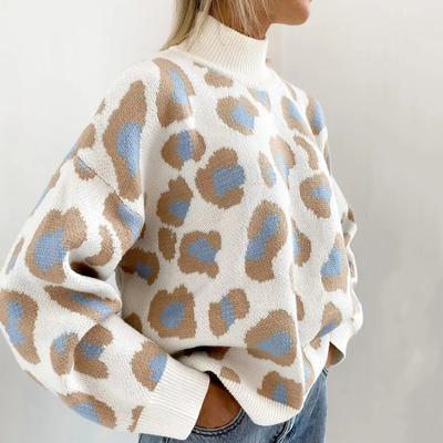 Winter Women's Casual Sweaters Leopard Print Animal Basic White Mock Neck Jumpers Vintage Warm Knitted Pullovers for Ladies