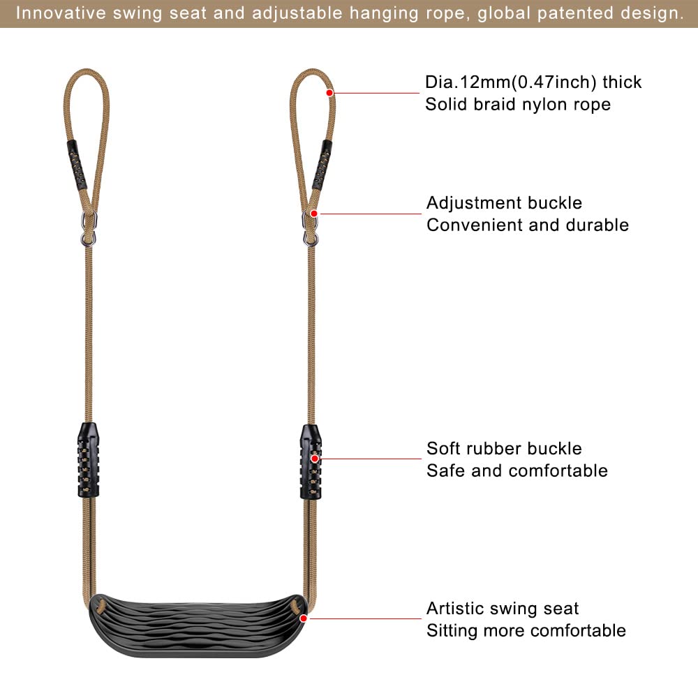SELEWARE Plastic Swing Tree Swing Set with Adjustable Rope and 2 Heavy Duty Playground Swing Set Accessories for Kids Indoor Outdoor Black Seat,