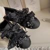 Scarpe da Ginnastica Casual con Pizzo Retrò e Suola Spessa, Nodo a Farfalla con Perle, Versione in Pelle di Mucca da Donna, Scarpe Dequn, Suola in Gomma, Scarpe da Skateboard