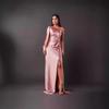 One Shoulder Bell Sleeve Twisted Knot Front Slit Maxi Dress Navy Blue