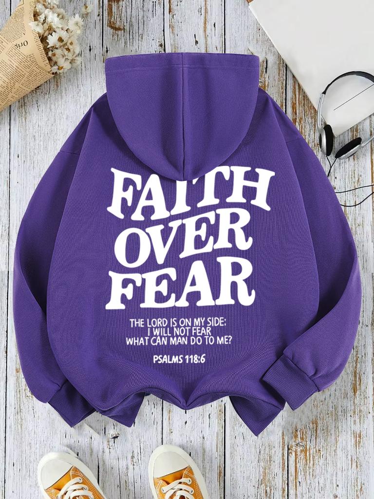 Casual Women's Hoodies Faith Over Fear Letter Printing Sweatshirts Fleece Warm Comfortable Pocket Pullovers Autumn Streetwear
