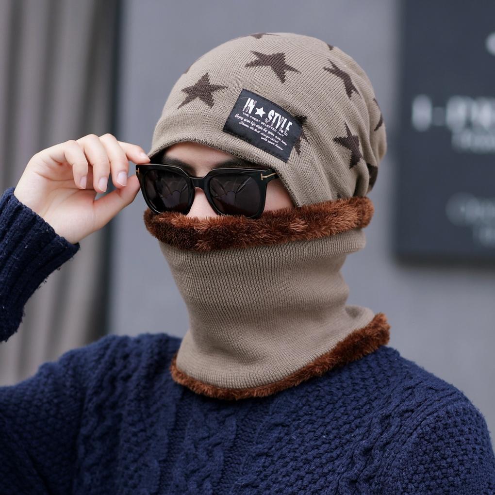 Winter Cold Weather Gear Neck Warmer, Mock Toshi Beanie Set, Beige for Men