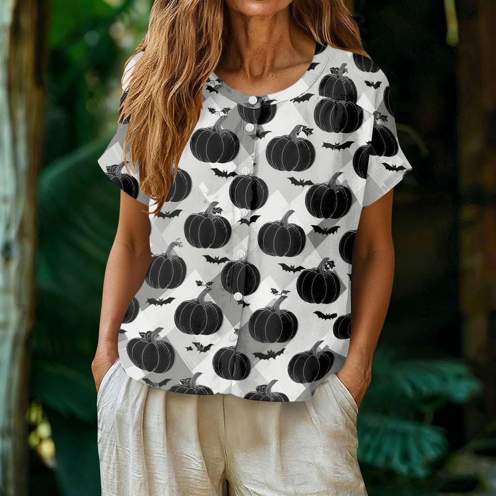 Women Henley Neck Short Sleeve Button Front Shirt Halloween Pumpkin Print Casual Top Lightweight Breathable Fabric