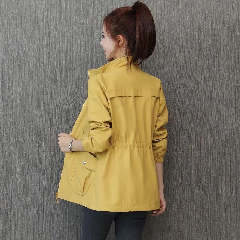 Women's Spring and Autumn Design Double-layer Zipper Collar Waist Thin Trench Coat Solid Color Slim Elegant Jacket