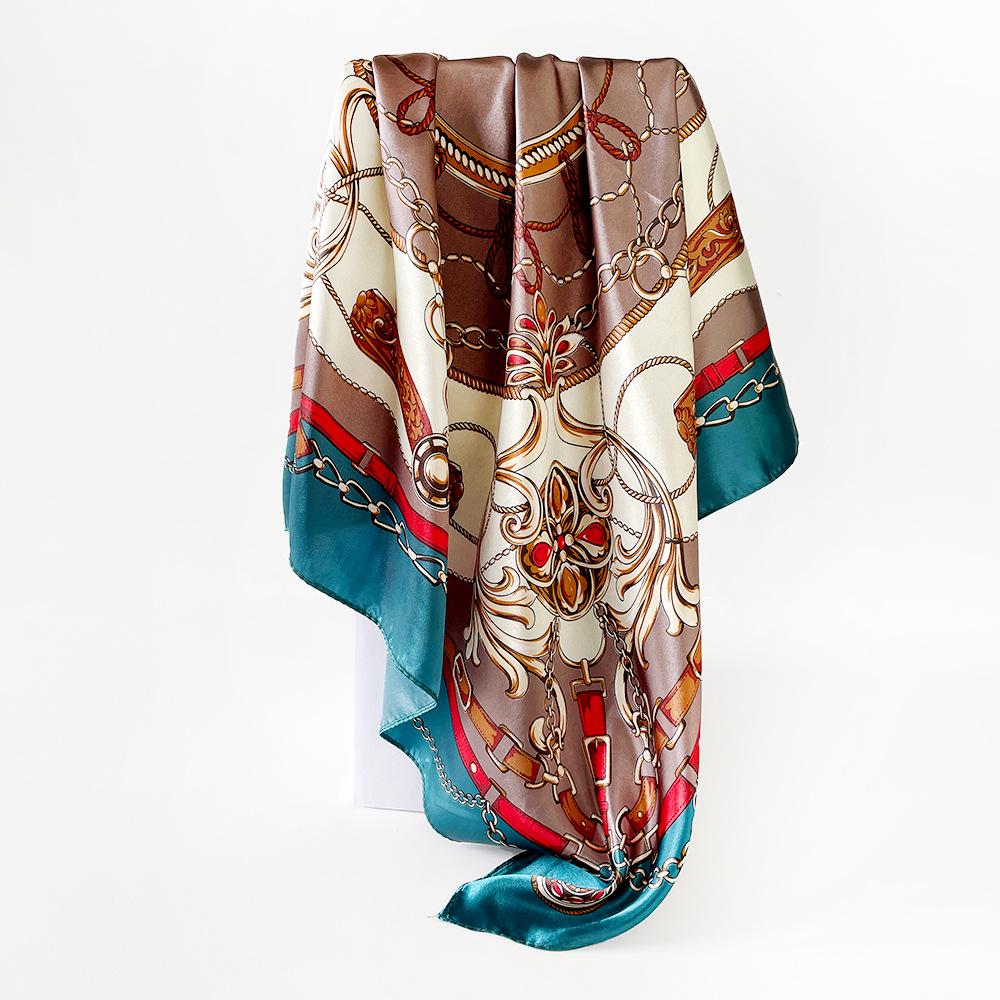 90cm Silk Scarf with Classic Chain Print - European & American Style Cross-border Satin Shawl for Women