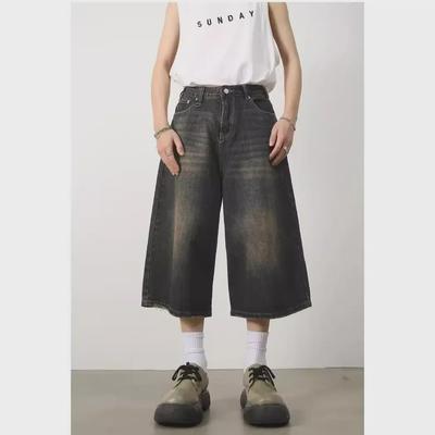 Pantaloncini di Jeans da Uomo Lavati Retro Distressed a Gamba Larga a 7 Punti