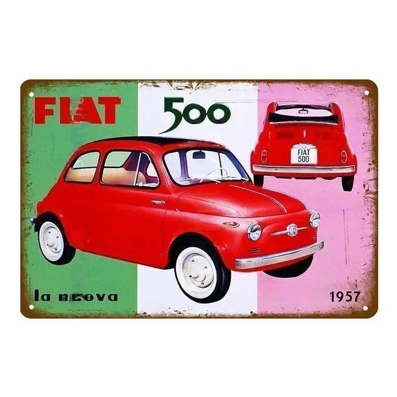 Sinais de Lata de Metal Vintage Clássico Fiat 500 Pôster de Metal Decoração de Arte de Parede Pôster Decoração de Parede para Casa Café Bar Pub Pôster Arte em Metal de Carro