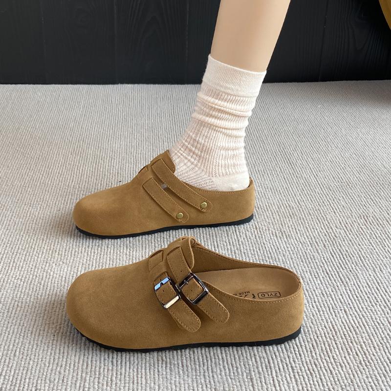 Fashion CRLAYDK Designer Women's Suede Footed Mules Buckle Adjustable Slip On Casual Soft Inner Increase Shoes Backless Walking Slippers