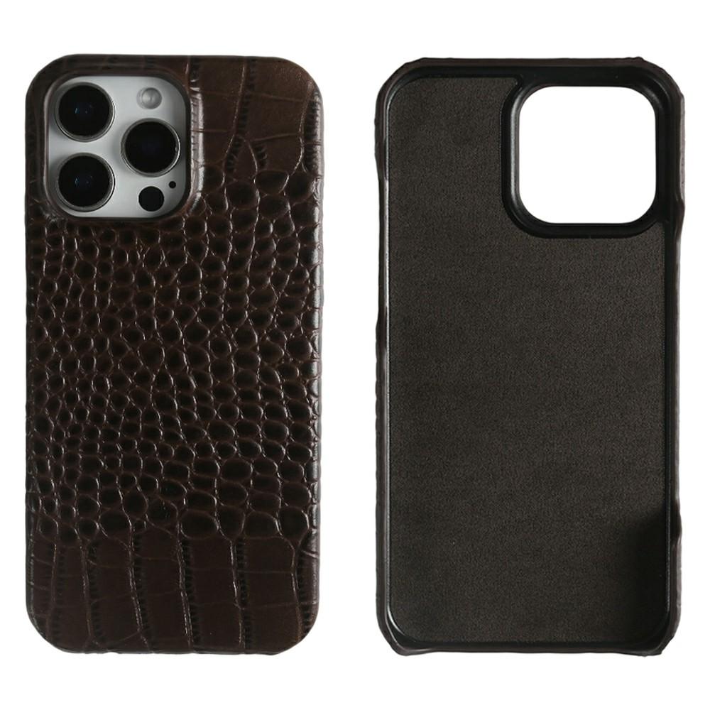 For iPhone 16 Pro Case Crocodile Texture Genuine Cow Leather Coated PC Phone Cover