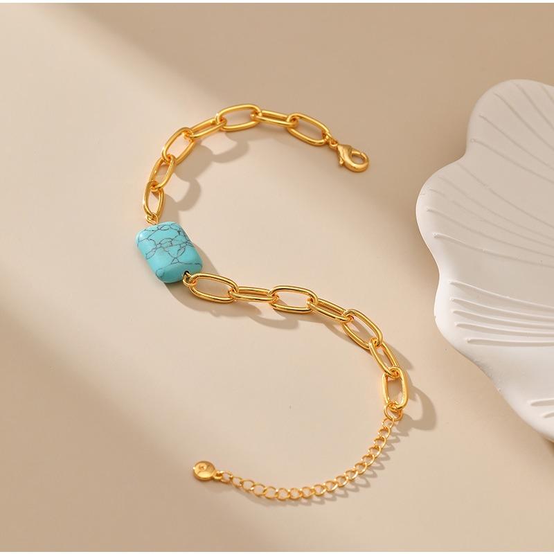 K Gold Plated Brass Square Turquoise Hollow Thick Chain Adjustable Trendy Bracelet For Women