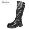 Fashion 2025 Autumn British Style Knight Boots for Women Belt Buckle Side Zipper High Top Boots Soft Black PU Long Bottes Femmes Size 36