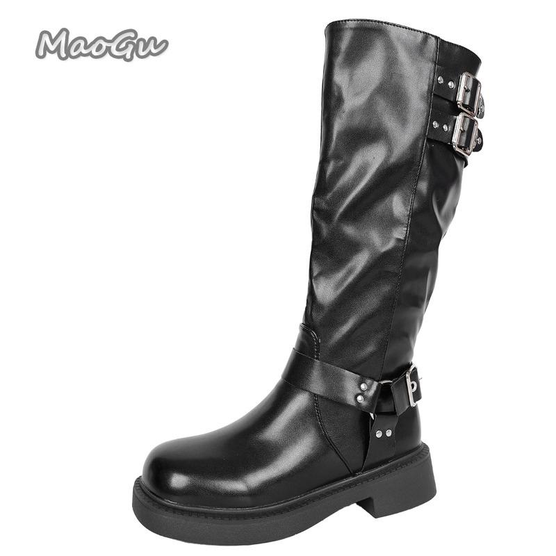 Fashion 2025 Autumn British Style Knight Boots for Women Belt Buckle Side Zipper High Top Boots Soft Black PU Long Bottes Femmes Size 36