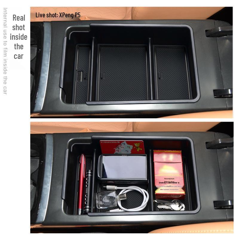 Xpeng P5 Armrest Box Organizer: Central Interior Flocking Storage Modification.