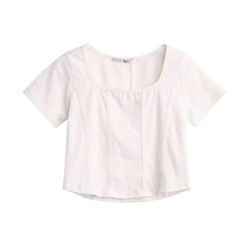 Solid Color Square Neck Short Sleeved T-shirt for Women with A Summer Design Sense Niche Short Top