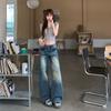 Spring Summer Mid Low Waist Cat Whisker Sandblast Vintage Blue Relaxed Straight Wide Leg Casual Denim Pants Ladies Casual Oversize Denim Trousers
