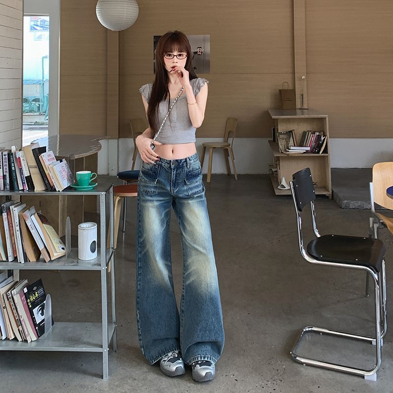 Spring Summer Mid Low Waist Cat Whisker Sandblast Vintage Blue Relaxed Straight Wide Leg Casual Denim Pants Ladies Casual Oversize Denim Trousers