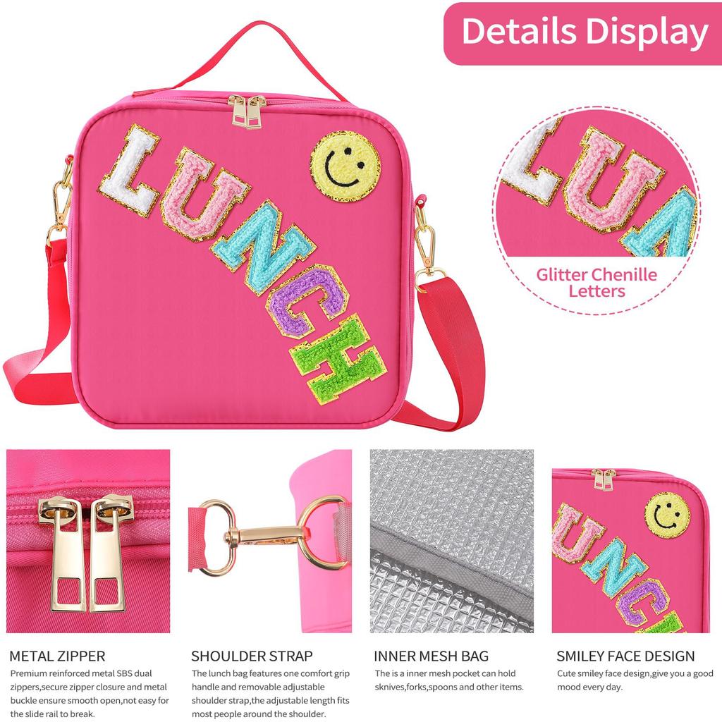 Adjustable Strap Insulated Lunch Bag, Nylon Lunch Box Insulated Bag, With Chenille Letter Patch Decor, For School Travel PicnicB